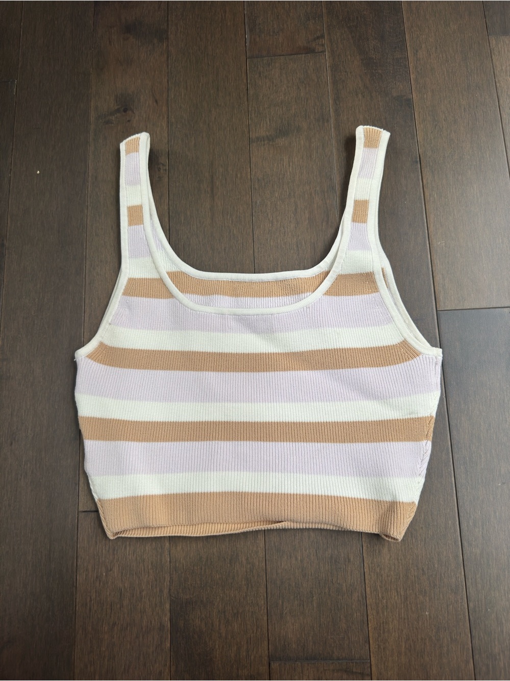 Babaton Striped Ribbed Crop Tank Top in Cream, Tan & Light Purple